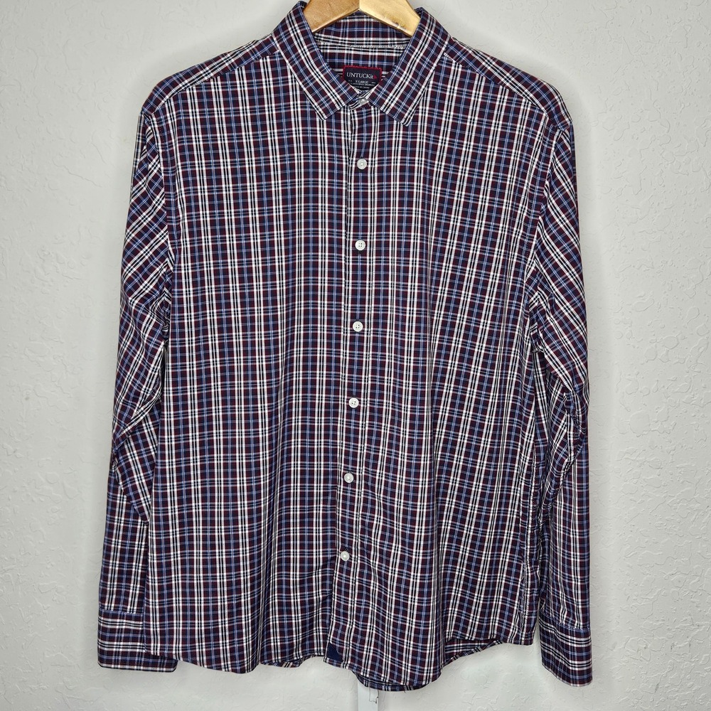 UNTUCKit Mens XL Performance Plaid Button Down Shirt Burgundy Navy Stretch
